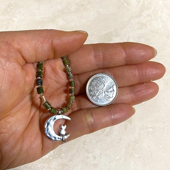 Unakite Stone Silver Cat on the Moon Necklace, Genuine Gemstone Beaded Necklace - Picture 10 of 10